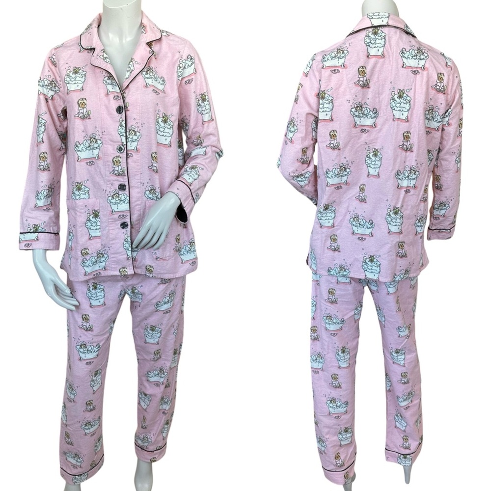 Soft Surroundings Baby Pink Dog Puppy Bubble Bath Cotton Thick Flannel PJ Set XS